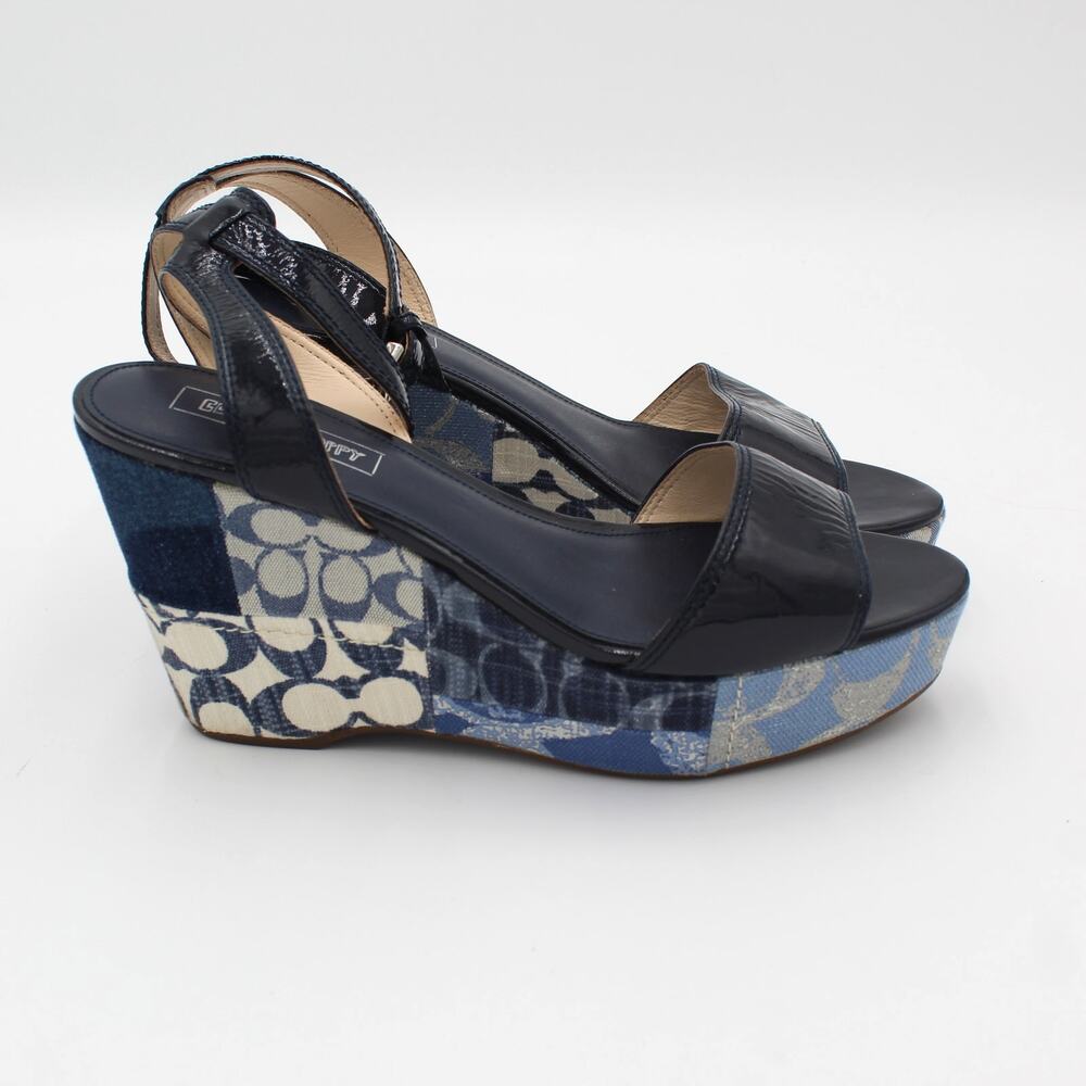 Coach Poppy Wedge Sandals Y2K Womens 10 Blue Signature Patchwork Preppy